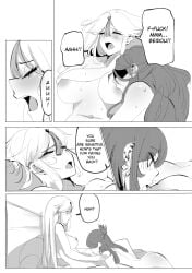 2girls beidou_(genshin_impact) blush breast_sucking breasts closed_eyes genshin_impact greyscale hair_ornament highres imminent_cunnilingus monochrome multiple_girls ningguang_(genshin_impact) nipples open_mouth rroar8 tassel tassel_hair_ornament teeth tongue upper_teeth_only yuri