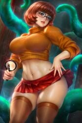 1girls belly_button belly_button_piercing belly_piercing big_breasts breasts busty cropped_sweater croptop glasses hanna-barbera midriff miniskirt navel navel_piercing neoartcore pierced_belly_button red_skirt scooby-doo skirt sweater thighhighs tight_clothing velma_dinkley very_short_skirt wide_hips