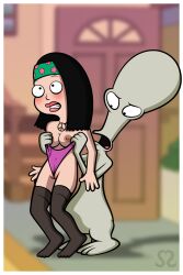 alien alien_humanoid american_dad black_hair blush breasts duo female hair hayley_smith hi_res human humanoid male male/female mammal nipples pussy_wedgie roger_smith roswell_grey swimsuitcheesecake topless wedgie