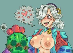 1boy 1boy1girl 1girls 2023 absurd_res absurdres belly_button big_areola big_breasts big_nipples blue_collar blue_sleeves blue_sweater blush brawl_stars breasts_out cactus choker colette_(brawl_stars) collar duo female front_view glitt3r_heart hair_ornament hair_over_one_eye half-dressed half_naked heart hearts_around_head hi_res high_resolution highres huge_breasts huge_cock large_areolae large_breasts light-skinned_female light_skin long_sleeves looking_at_partner looking_down male male/female navel no_bra open_mouth red_clothing red_eyes red_vest sharp_teeth shiny_skin showing_breasts shy sleeves slim_waist spike_(brawl_stars) standing supercell sweater teeth text_box text_bubble tongue unbuttoned unbuttoned_shirt vest white_hair