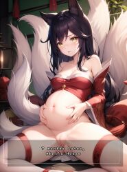 9_tails ahri ai_generated animal_ear_fluff animal_ears animal_girl big_breasts black_hair breasts busty cleavage clothing curvaceous curves curvy curvy_body curvy_female curvy_figure curvy_hips english_text eyelashes eyeliner eyeshadow facial_markings female fluffy fluffy_ears fluffy_tail fluffy_tails fox fox_ears fox_girl fox_tail furry_tail hips hourglass_figure humanoid inner_ear_fluff kemonomimi kitsune league_of_legends light-skinned_female light_skin long_hair multiple_tails nine_tailed_fox pale-skinned_female pale_skin pregnant pregnant_female riot_games tail text thighs vastaya video_games yellow_eyes