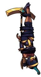 animated bondage breasts egyptian egyptian_female egyptian_headdress eliza_(skullgirls) gagged loop official_art skullgirls struggling tape_bondage tape_gag tied_to_pole upside-down wraps