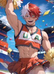 1boy 1male 1man abdomen abs ai_generated ambush_(trap) armpits blue_eyes bobsi cheerleader cheerleader_outfit collarbone crossdressing happy male male_cheerleader male_only muscles muscular muscular_arms muscular_legs muscular_male my_hero_academia no_panties no_underwear red_hair shouto_todoroki skirt skirt_lift smile solo white_hair