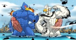 2023 absurd_res aircraft anthro avian beak big_penis bird blue_body blue_fur bodily_fluids breath_of_the_wild bulge city crossover destruction detailed_bulge duo erection falco_lombardi feathers flexing_bicep fur genital_fluids genitals green_eyes helicopter hi_res macro male male_only muscular muscular_male nintendo nipples non-mammal_nipples outside pecs penis precum rito sea seascape ship sky star_fox teba_(tloz) the_legend_of_zelda vehicle water watercraft wfa white_body yellow_eyes