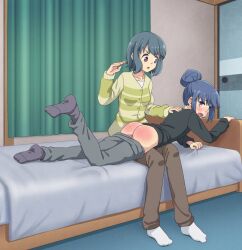 2girls artist_request bed bedroom black_sleeves blush brown_pants character_request green_stripes long_hair looking_back multiple_girls one_leg_up open_mouth pink_ass red_ass socks spanking tagme white_socks zekel