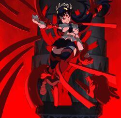 1girls bad_end bondage captured_heroine defeated_heroine filia_(skullgirls) hair_grab mummification mummified mummy official_art skullgirls struggling tentacle tentacle_bondage thighhighs thighs