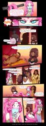 2boys 4girls arabian_clothes comic comic_page cute dark-skinned_female dark-skinned_male dark_elf dark_hair elf fourth_wall harem lamia light-skinned_female looking_at_viewer lunareth maid maid_uniform masked_male monster_girl muscular_male naga navel nibbling original original_character pink_hair pointy_ears ponytail royalty shirtless_male tiger yuri