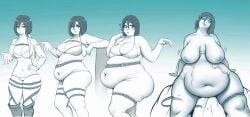 attack_on_titan belt big_belly big_breasts bottomless clothing_malfunction female fishflavored hands_behind_back mikasa_ackerman overweight sequence short_hair tagme underwear weight_gain