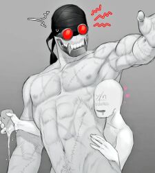 blush buff glasses goggles hank_j._wimbleton heart madness_combat male male_focus muscles muscular nervous nipples pubes scars soap stitches topless topless_male ych