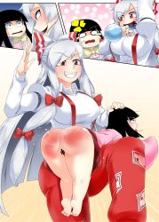 ass bar_censor black_hair breasts censored fujiwara_no_mokou kaguya_houraisan long_hair open_mouth over_the_knee over_the_knee_spanking potion_bottle red_eyes red_pants red_ribbon sliver_hair smile spanking tears tongue_out touhou