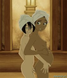 2girls accurate_art_style anaxus ass avatar_the_last_airbender breasts completely_nude completely_nude_female dark-skinned_female dark_skin female hand_on_belly indoors katara nipples nude nude_female pregnant small_breasts standing teenage_girl teenage_pregnancy teenager toph_bei_fong young yuri