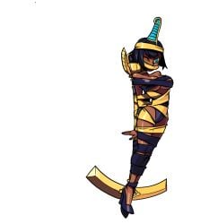 animated bondage breasts egyptian egyptian_female egyptian_headdress eliza_(skullgirls) gagged loop official_art skullgirls tape_bondage tape_gag tied_to_pole wraps