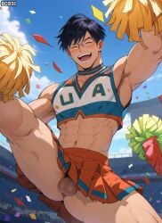 1boy 1male 1man abdomen abs ai_generated ambush_(trap) armpits balls balls_out ballsack biceps bobsi cheerleader cheerleader_outfit crossdressing gay gay_male glasses happy male male_cheerleader male_focus male_only muscle muscles muscular muscular_legs muscular_male my_hero_academia no_panties no_underwear nuts nutsack scrotum skirt smile smiling solo tenya_iida testicles yaoi