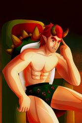 bowser chair horns jewelry male male_only mario_(series) nails nipple_piercing nipples piercing piercings sharp_nails sharp_teeth shell solo_male teeth throne