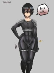 1boy angry black_hair bodysuit bulge bulge_through_clothing femboy hands_on_hips hips_wider_than_shoulders hourglass_figure looking_at_viewer male male_focus male_only ocerius one-punch_man penis_in_bodysuit short_hair small_penis speed-o'-sound_sonic thick_thighs tight_clothing trap twink wide_hips yaoi