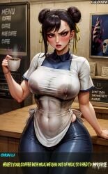 ai_generated angry_face big_breasts big_thighs chun-li clothed coffee dialogue gaiansfw iced_latte_with_breast_milk milk milking_breasts street_fighter wet_clothes