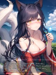 9_tails ahri ai_generated animal_ear_fluff animal_ears animal_girl big_breasts black_hair breasts busty cleavage clothing curvaceous curves curvy curvy_body curvy_female curvy_figure curvy_hips english_text eyelashes eyeliner eyeshadow facial_markings female fluffy fluffy_ears fluffy_tail fluffy_tails fox fox_ears fox_girl fox_tail furry_tail hips hourglass_figure humanoid inner_ear_fluff kemonomimi kitsune league_of_legends light-skinned_female light_skin long_hair multiple_tails nine_tailed_fox pale-skinned_female pale_skin riot_games tail text thighs vastaya video_games yellow_eyes