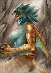 1girls aqua_hair blue_eyes capcom female female_only fins maxa-art medium_hair monster monster_hunter_(series) monster_hunter_4_ultimate open_mouth personification shark sharp_teeth solo teeth tigerstripe_zamtrios webbed_hands zamtrios