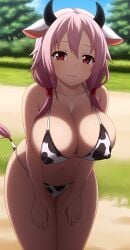 ai_generated bent_over bikini covered_nipples cow_ears cow_girl cow_horns cow_print cow_tail guilty_crown hanging_breasts huge_breasts lips looking_at_viewer smile stable_diffusion thick_thighs wide_hips yuzuriha_inori