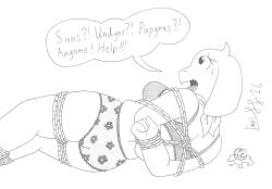 1girls bondage bound_legs bound_wrists bra dialogue female female_focus female_only fur furry furry_only goat laying_on_ground laying_on_side limpurtikles monochrome panties rope sketch tied_up toriel undertale undertale_(series) underwear