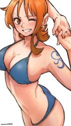 1girls aosora bikini breasts cleavage curvy female female_only grin nami nami_(classic) nami_(one_piece) one_piece orange_hair pose pre-timeskip seductive seductive_pose short_hair shoulder_tattoo solo solo_focus tattoo white_background wink