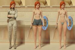 3d annoyed asterigos:_curse_of_the_stars blue_panties clothed/nude embarrassed_nude_female embarrassing_outfit enf euf female_warrior ginger green_eyes hilda_(asterigos) nipples panties_only red_hair reluctant sequence shorts shorts_only topless trying_on_clothes