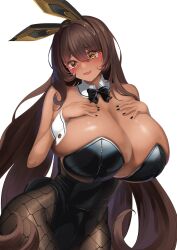 alikap black_nails bunny_ears bunny_girl bunnysuit cowboy_shot fishnets gigantic_breasts goddess_of_victory:_nikke hourglass_figure noir_(nikke) painted_nails submissive_pose tan-skinned_female tan_skin tears thick_thighs wavy_mouth wide_hips