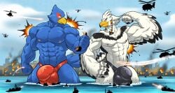 2023 absurd_res aircraft anthro avian beak bird blue_body blue_fur breath_of_the_wild bulge city clothing crossover destruction detailed_bulge duo falco_lombardi feathers fur genitals green_eyes helicopter hi_res macro male male_only muscular muscular_male nintendo nipples non-mammal_nipples outside pecs rito sea seascape ship sky speedo star_fox swimwear teba_(tloz) the_legend_of_zelda vehicle water watercraft wfa white_body yellow_eyes