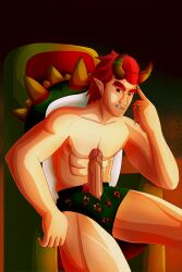 bowser chair dick horns jewelry male male_only mario_(series) nails nipple_piercing nipples penis penis_through_fly penis_through_underwear piercing piercings sharp_nails sharp_teeth shell solo_male teeth throne