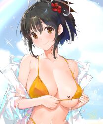 1girls 2023 asuka_(senran_kagura) bikini black_hair blue_sky breasts brown_eyes cleavage closed_mouth cloud collarbone collared_shirt commentary_request female flower hair_between_eyes hair_flower hair_ornament hair_ribbon highres large_breasts looking_at_viewer marvelous navel rainbow ribbon see-through see-through_shirt senran_kagura shirt short_hair sidelocks sky smile solo sparkle swimsuit underboob upper_body yaegashi_nan yellow_bikini