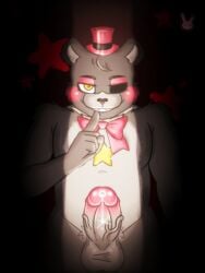 animatronic anthro bear black_fur bodily_fluids bow_tie dripping five_nights_at_freddy's freddy_fazbear's_pizzeria_simulator fur furry genital_fluids genitals grey_body grey_fur hat headgear headwear heart hornbunxx lefty_(fnaf) looking_at_viewer machine male male_only mammal missing_eye narrowed_eyes nude penis precum precum_drip robot scottgames shush smile solo testicles top_hat vein veiny_penis watermark yellow_eyes