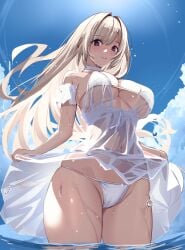 blonde_hair huge_breasts light_ray light_rays ocean partially_submerged see-through_dress smile thong_bikini veil water wet_skin