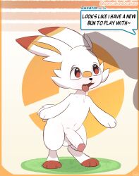 anthro balls english_text generation_8_pokemon genitals hi_res humanoid_genitalia male male_only nintendo offscreen_character pancakesbakecakes penis penis_shadow pokemon pokemon_(species) scorbunny simple_background solo speech_bubble standing text