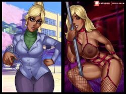 after areolae athletic athletic_female before before_and_after big_breasts blazer blonde_hair bracelet breasts busty dressed dressed_undressed female female_focus female_only fetish_wear glasses hourglass_figure large_breasts long_hair makeup nail_polish nipples philipgrom purple_eyes robyn_hill rwby stripper stripper_pole tagme tan tan_body tan_skin tied_hair undressed wide_hips