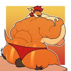 2boys bara bara_tiddies bara_tits big_ass big_butt dragon dragon_himbo facesitting gigantic_pecs horns huge_pecs lucio_soliz male male/male male_only orange_body red_hair speedo zoki