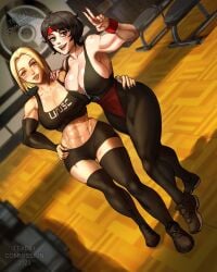 2d_(artwork) 2girls abs black_hair blonde_hair blush breasts cleavage clothing english_text female halo_(series) hips huge_breasts large_breasts medium_hair midriff multiple_girls muscular_arms muscular_female muscular_thighs office_of_naval_intelligence oni_(halo) texd41 text thick_thighs thighs tummy unsc wide_hips