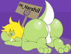 adumbkobold advertisement anthro anus ass balls feet flustered genitals green_body hi_res male mario_(series) narshil nintendo presenting presenting_anus presenting_hindquarters solo twitch.tv yoshi