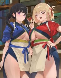 2girls alternate_costume embarrassed female female_only fully_clothed hood_x_art inoue_takina large_breasts looking_down lycoris_recoil nishikigi_chisato one_eye_closed revealing_clothes smile thighs underboob v