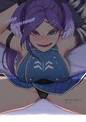 1girls armpits arms_behind_head ass_visible_through_thighs before_sex big_breasts blush cameltoe dragon_girl female_focus female_only heterochromia legs_spread long_hair looking_at_viewer mating_press myth1c nijisanji nijisanji_en nipple_bulge no_bra no_sleeves panties purple_hair pussy_bulge selen_tatsuki selen_tatsuki_(2nd_costume) smug smug_face tagme text thick_thighs virtual_youtuber