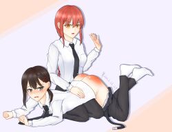 2girls ass belt blush chainsaw_man crying higashiyama_kobeni humiliation makima_(chainsaw_man) multiple_girls over_the_knee over_the_knee_spanking panties_down punishment punishment_spanking red_ass red_butt shitsuten socks spanking suit sweat yuri