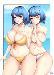 2girls beach big_breasts big_thighs bikini blue_hair breasts busty daughter duo female female_only huge_breasts huge_thighs large_breasts large_thighs light-skinned_female light_skin mother mother_and_daughter multiple_girls navel original original_character short_hair slave15 summer swimsuit thick_thighs thighs voluptuous yuri