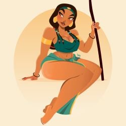 1girl 1girls cleavage dark-skinned_female dreamworks feet female_only hair_beads legs midriff nightlyneu public_domain simple_background tanned_skin the_prince_of_egypt tzipporah