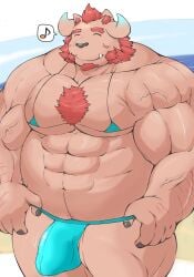 1boy abs anthro beard big_bulge bikini blush body_hair bulge chernobog chest_hair clothed clothing crossdressing demon detailed_bulge facial_hair fur hi_res horn lifewonders male male_only marimo_chorobon muscular muscular_anthro muscular_male pecs pink_body pink_fur smile solo swimwear tokyo_afterschool_summoners