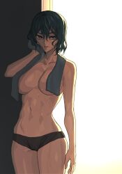 1girls 2d after_shower breasts byunsang_(artist) cameltoe emotionless empty_eyes expressionless female female_focus female_only fit fit_female looking_at_viewer no_sex original original_character panties pussy shower simple_background sweat sweatdrop towel towel_around_neck wet