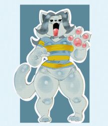 1girls 2023 anthro bottomless breasts claws fangs featureless_crotch feline female female_only fur furry greatalmightyjj grey_hair navel no_pussy pawpads paws solo solo_female tail temmie_(undertale) thick_thighs undertale undertale_(series) white_fur