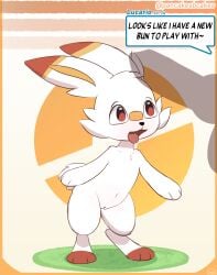 anthro english_text female generation_8_pokemon genitals hi_res hibanny humanoid_genitalia nintendo open_mouth pancakesbakecakes penis_shadow pokemon pokemon_(species) pussy scorbunny simple_background solo speech_bubble standing tail text tongue tongue_out white_body