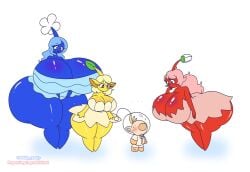 3girls ass_bigger_than_head barely_clothed big_ass big_breasts blue_pikmin boob_window breasts_bigger_than_head clothed female huge_ass huge_breasts hyper_ass hyper_breasts multiple_girls nintendo no_bra oddly_bally pikmin pikmin_(species) red_pikmin yellow_pikmin