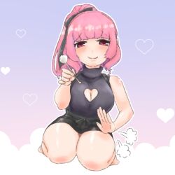 1girls blush boob_window cotton_swab ear_cleaning eyebrows_visible_through_hair female female_only gangi_mari indie_virtual_youtuber light-skinned_female light_skin looking_at_viewer pink_hair ponytail red_eyes smile solo thick_thighs unknown_artist virtual_youtuber