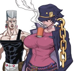 1boy 1boy1girl 1girls 2d big_breasts black_hair breasts breasts_bigger_than_head byunsang_(artist) cigarette female female_jotaro fit_female funny genderswap_(mtf) hat human jean_pierre_polnareff jojo's_bizarre_adventure jotaro_kujo light-skinned_female light_skin long_hair meme muscular muscular_female muscular_male no_sex rule_63 shocked shounen_jump simple_background smoking stardust_crusaders surprised