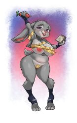 anthro barely_clothed blush boingfarm caution_tape digitigrade exposed_nipples furry grey_fur judy_hopps lagomorph looking_at_viewer mostly_nude police_tape purple_eyes rabbit solo tape zootopia